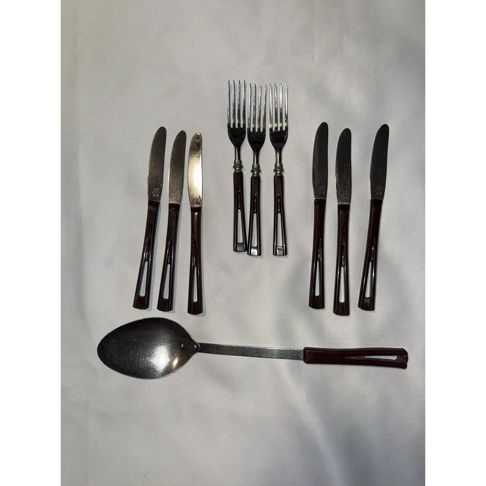10 Pc Vintage 1970s Flatware Bakelite STANHOME Stainless‎ Fork & Knife Lot